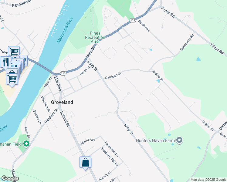 map of restaurants, bars, coffee shops, grocery stores, and more near 36 King Street in Groveland