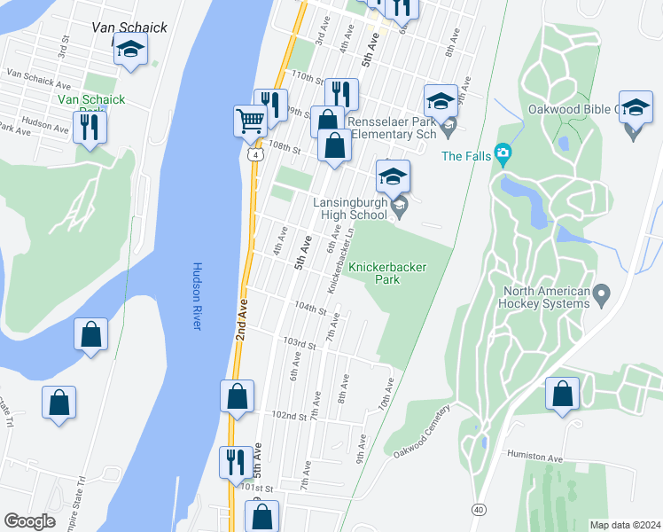 map of restaurants, bars, coffee shops, grocery stores, and more near 254 6th Avenue in Troy