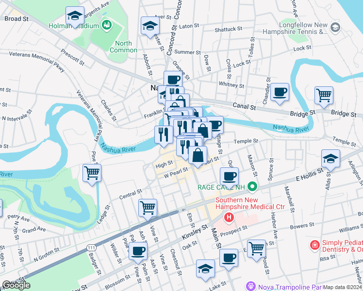 map of restaurants, bars, coffee shops, grocery stores, and more near 113 Main Street in Nashua