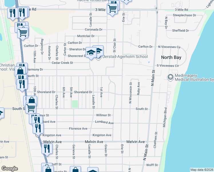 map of restaurants, bars, coffee shops, grocery stores, and more near 3440 Stratford Avenue in Racine