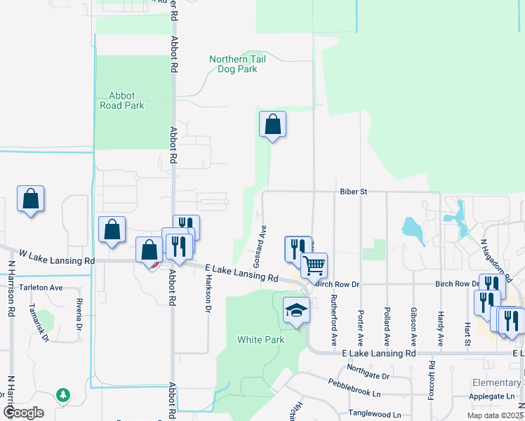 map of restaurants, bars, coffee shops, grocery stores, and more near 6261 Gossard Avenue in East Lansing