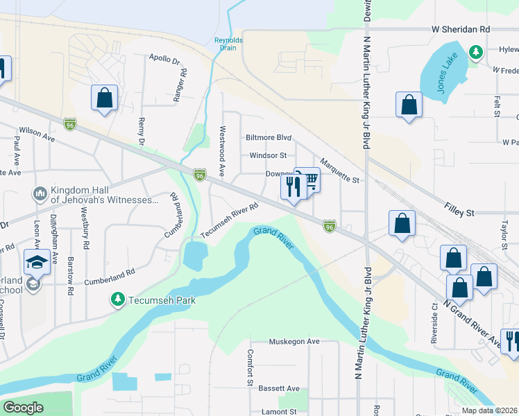 map of restaurants, bars, coffee shops, grocery stores, and more near 1700 Tecumseh River Road in Lansing