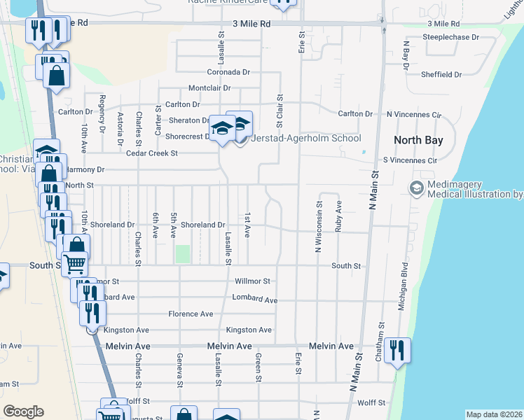 map of restaurants, bars, coffee shops, grocery stores, and more near 3440 Stratford Avenue in Racine