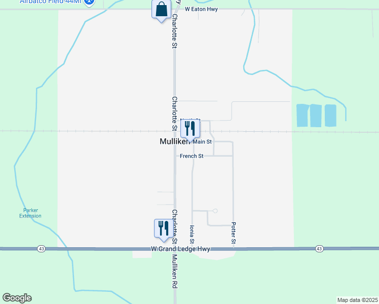 map of restaurants, bars, coffee shops, grocery stores, and more near 125 French Street in Mulliken