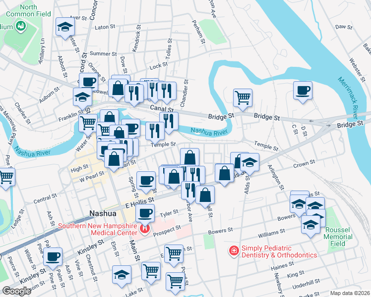 map of restaurants, bars, coffee shops, grocery stores, and more near 84 Temple Street in Nashua