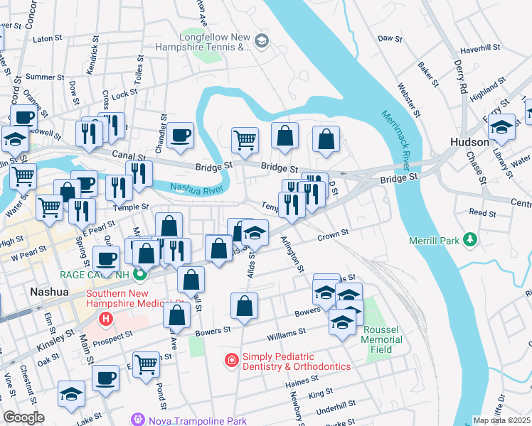 map of restaurants, bars, coffee shops, grocery stores, and more near 159 Temple Street in Nashua