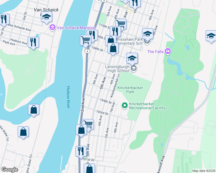 map of restaurants, bars, coffee shops, grocery stores, and more near 254 5th Avenue in Troy