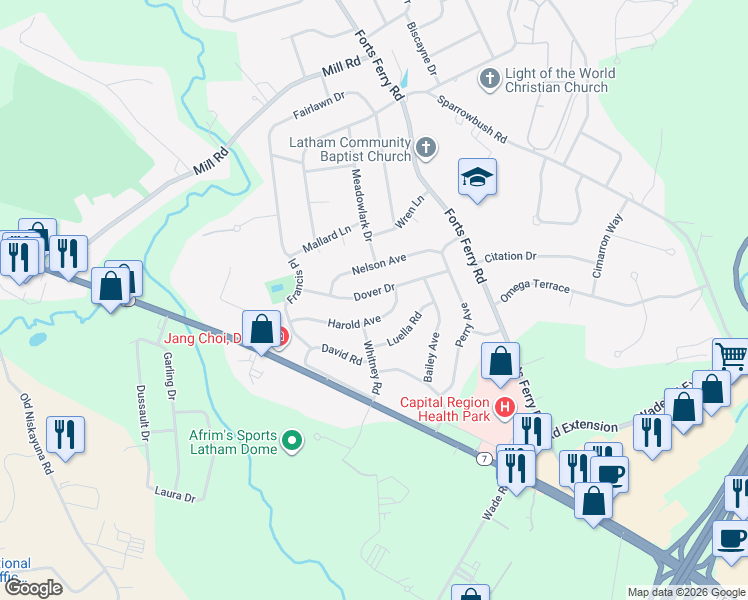 map of restaurants, bars, coffee shops, grocery stores, and more near 16 Dover Drive in Latham