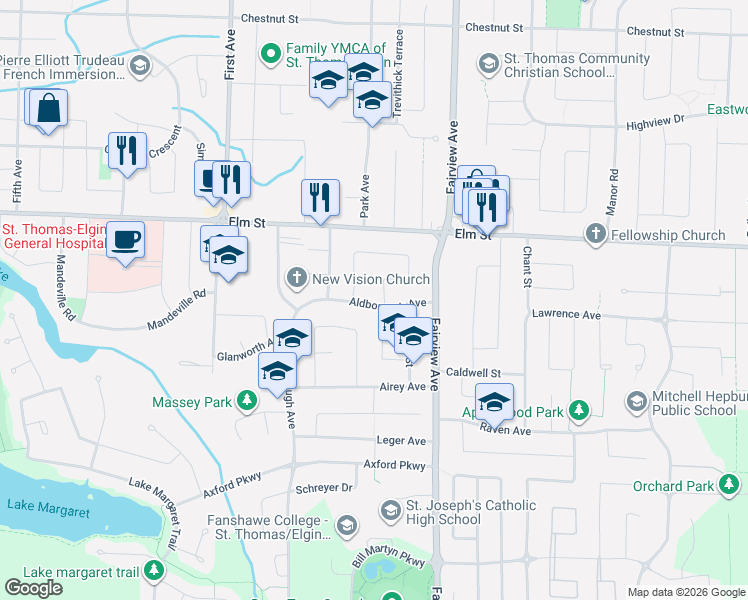 map of restaurants, bars, coffee shops, grocery stores, and more near 66 Aldborough Avenue in St. Thomas