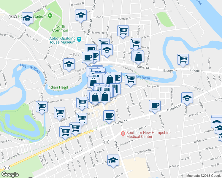 map of restaurants, bars, coffee shops, grocery stores, and more near 19 Temple St in Nashua