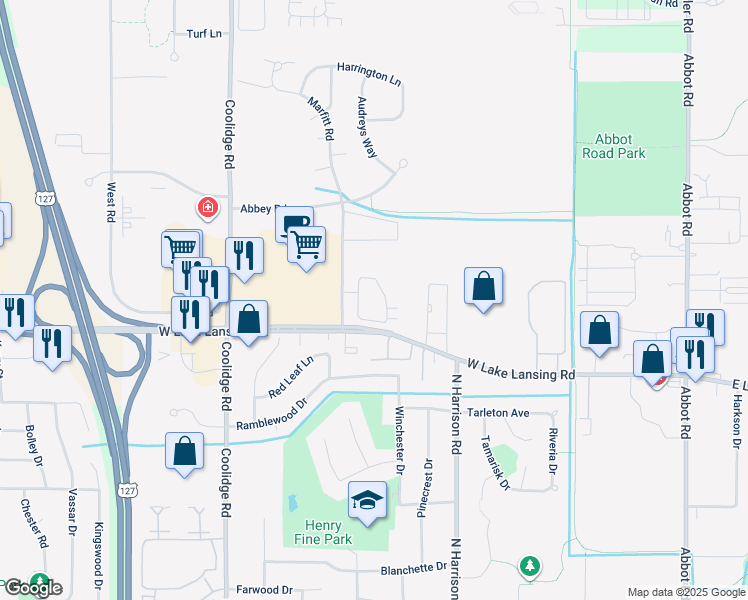 map of restaurants, bars, coffee shops, grocery stores, and more near 2224 Stonehenge Drive in East Lansing