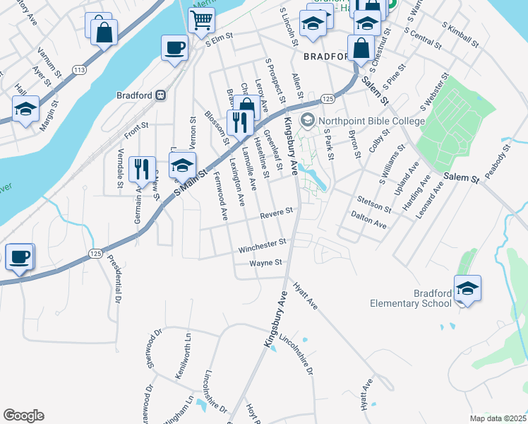 map of restaurants, bars, coffee shops, grocery stores, and more near 70 Lamoille Avenue in Haverhill