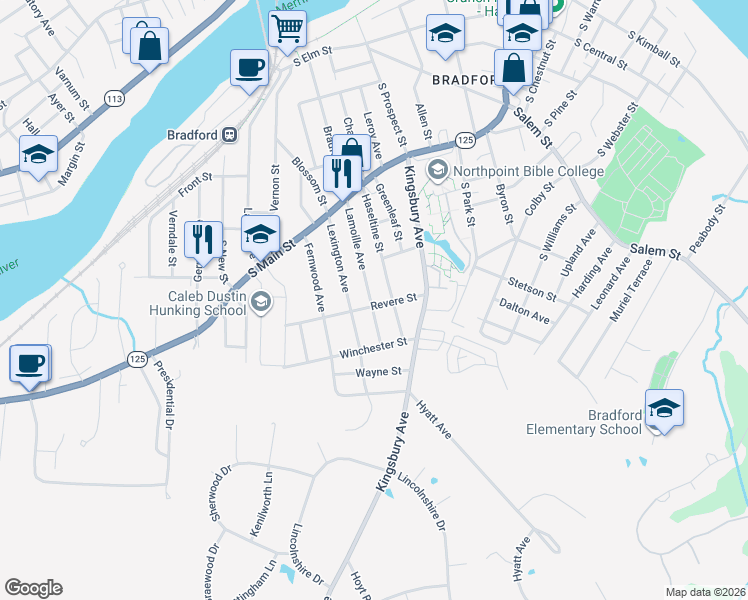 map of restaurants, bars, coffee shops, grocery stores, and more near 70 Lamoille Avenue in Haverhill