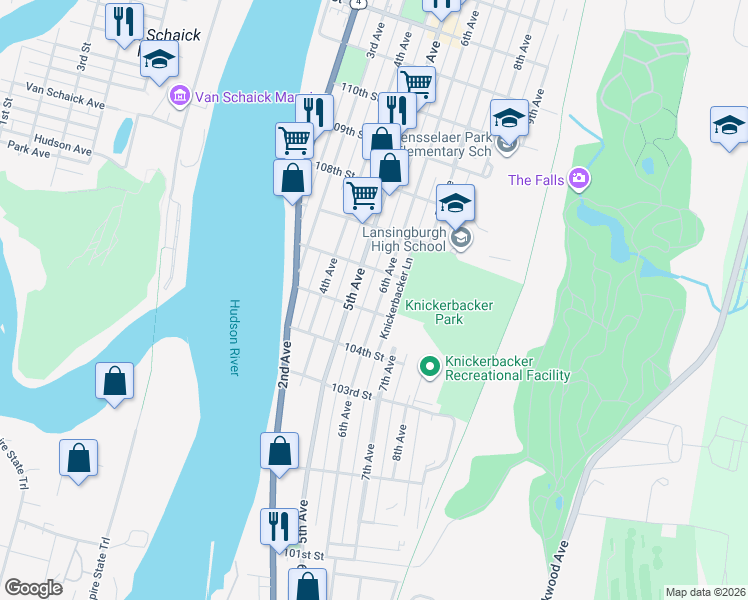 map of restaurants, bars, coffee shops, grocery stores, and more near 254 5th Avenue in Troy