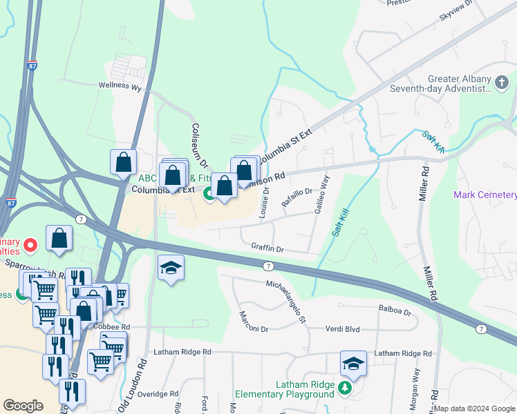 map of restaurants, bars, coffee shops, grocery stores, and more near 5 Louise Drive in Latham