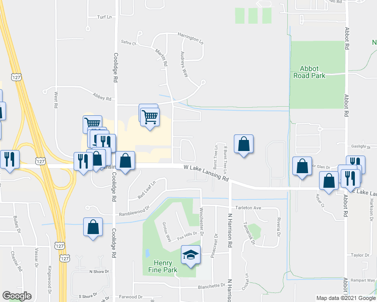map of restaurants, bars, coffee shops, grocery stores, and more near 2315 Stonehenge Drive in East Lansing