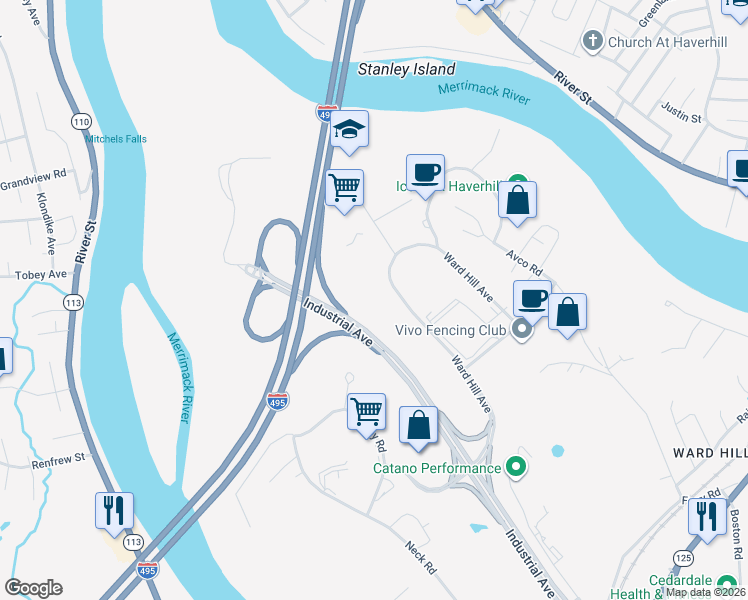 map of restaurants, bars, coffee shops, grocery stores, and more near 145 Ward Hill Avenue in Haverhill