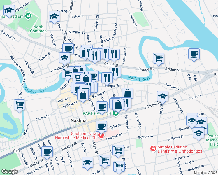 map of restaurants, bars, coffee shops, grocery stores, and more near 61 Temple Street in Nashua