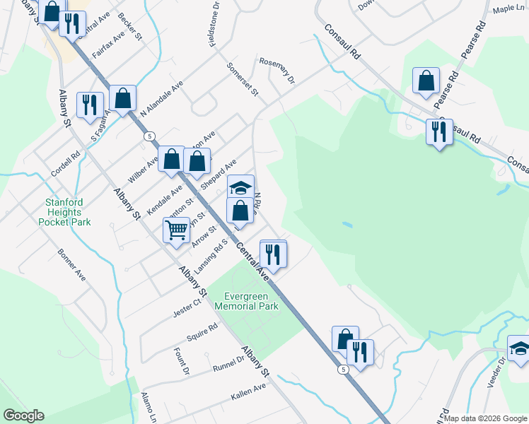 map of restaurants, bars, coffee shops, grocery stores, and more near 25 Saint George Place in Schenectady