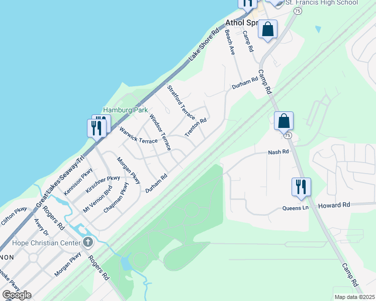 map of restaurants, bars, coffee shops, grocery stores, and more near 3178 Durham Road in Hamburg