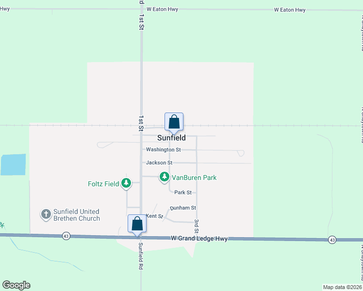 map of restaurants, bars, coffee shops, grocery stores, and more near 257 Main Street in Sunfield