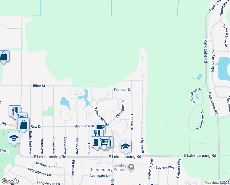 map of restaurants, bars, coffee shops, grocery stores, and more near 2953 Footman Dr in East Lansing