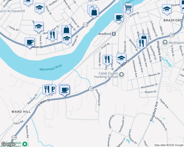 map of restaurants, bars, coffee shops, grocery stores, and more near 19 Franzone Drive in Haverhill
