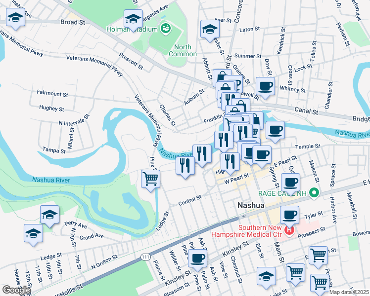 map of restaurants, bars, coffee shops, grocery stores, and more near 30 Front Street in Nashua