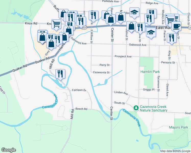 map of restaurants, bars, coffee shops, grocery stores, and more near 243 Cazenovia Street in East Aurora