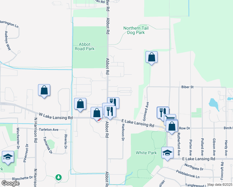 map of restaurants, bars, coffee shops, grocery stores, and more near 6210 Abbot Road in East Lansing