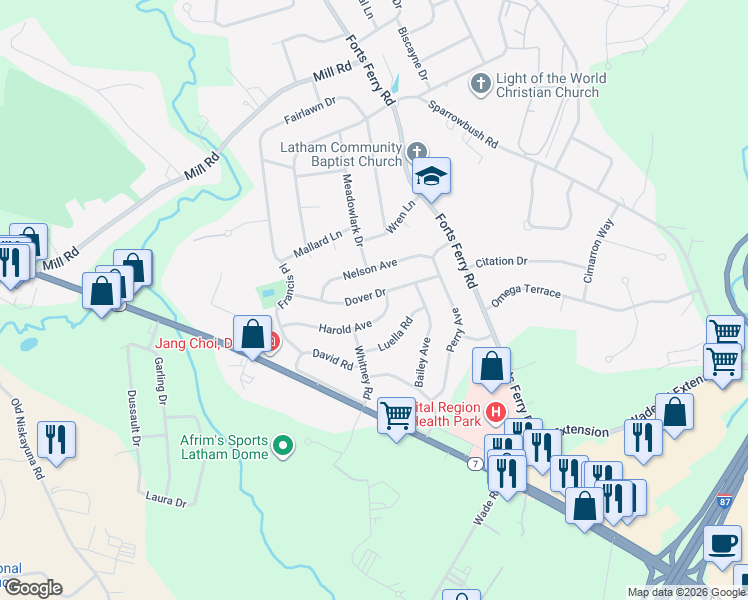 map of restaurants, bars, coffee shops, grocery stores, and more near 16 Dover Drive in Latham
