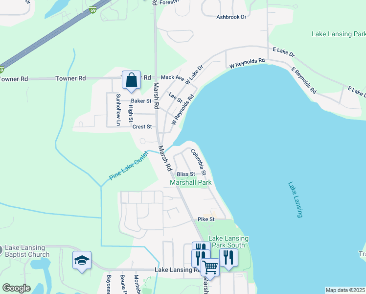 map of restaurants, bars, coffee shops, grocery stores, and more near 6206 Columbia Street in Haslett