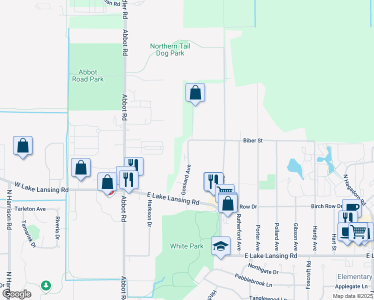 map of restaurants, bars, coffee shops, grocery stores, and more near 6261 Gossard Avenue in East Lansing