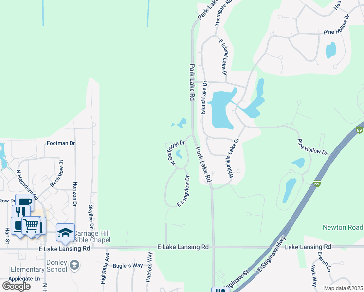 map of restaurants, bars, coffee shops, grocery stores, and more near 6242 West Golfridge Drive in East Lansing