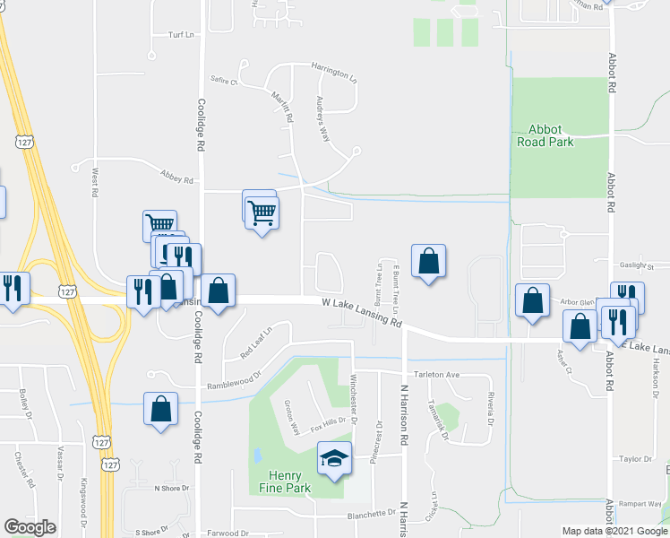 map of restaurants, bars, coffee shops, grocery stores, and more near 2315 Stonehenge Drive in East Lansing