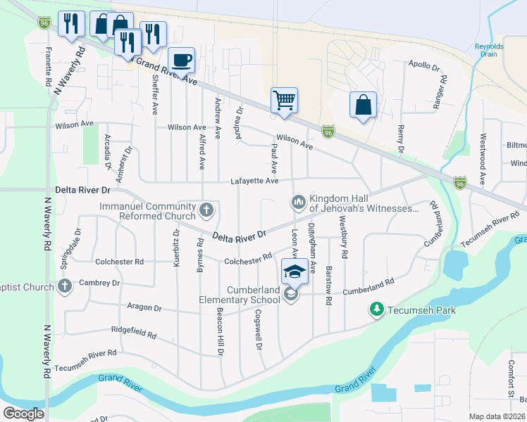 map of restaurants, bars, coffee shops, grocery stores, and more near 2712 Gatsby Court in Lansing