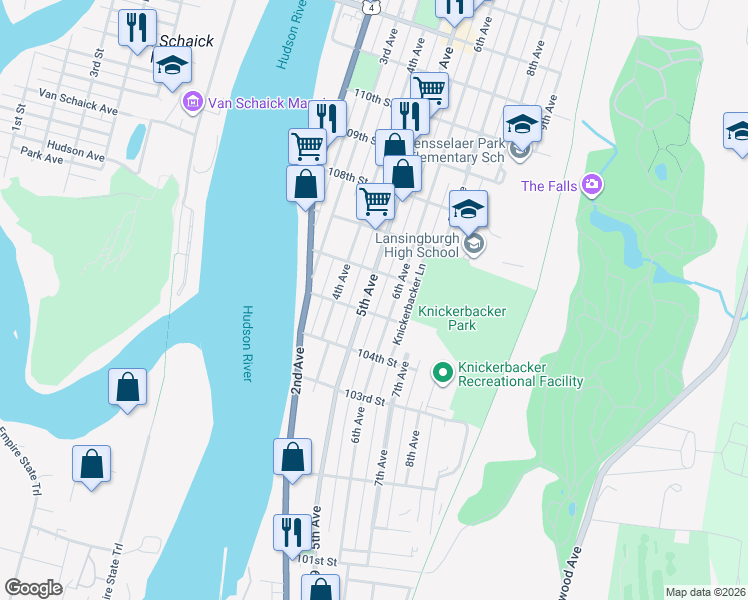 map of restaurants, bars, coffee shops, grocery stores, and more near 254 5th Avenue in Troy