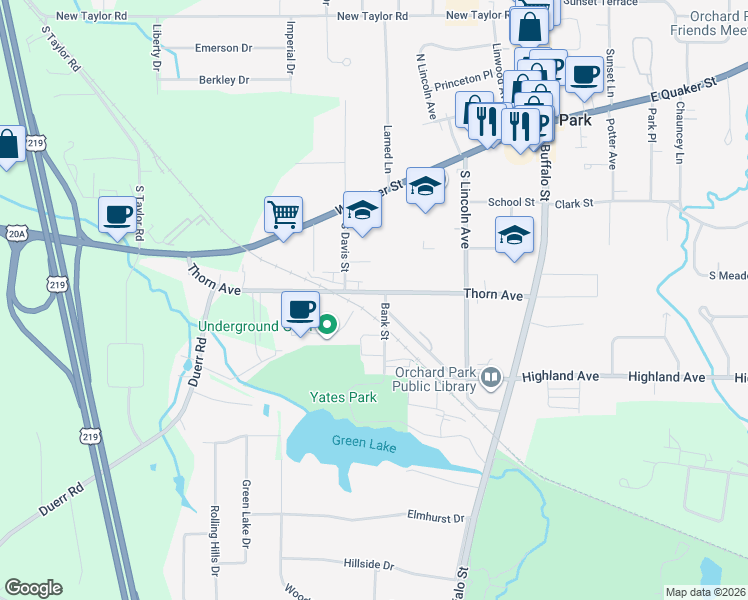 map of restaurants, bars, coffee shops, grocery stores, and more near 1 Bank Street in Orchard Park