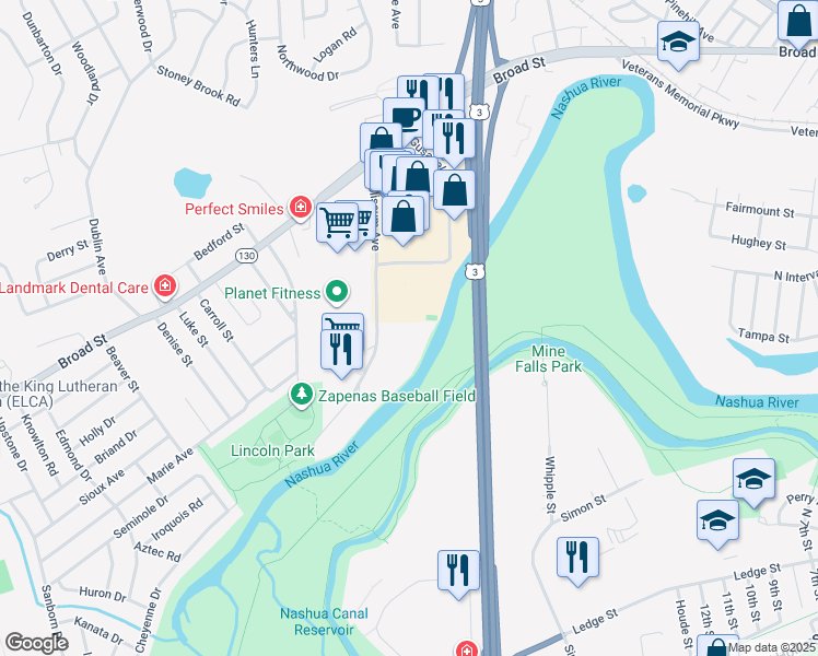 map of restaurants, bars, coffee shops, grocery stores, and more near 35 Newton Drive in Nashua
