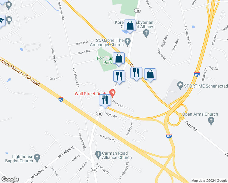 map of restaurants, bars, coffee shops, grocery stores, and more near 3156 Carman Road in Schenectady