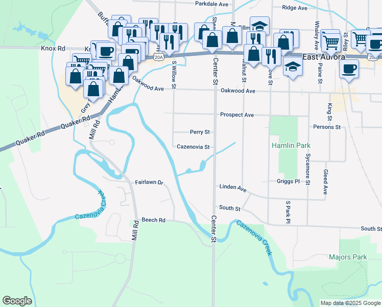 map of restaurants, bars, coffee shops, grocery stores, and more near 297 Cazenovia Street in East Aurora