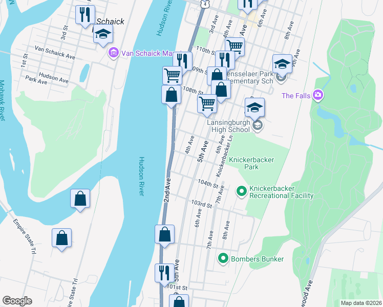 map of restaurants, bars, coffee shops, grocery stores, and more near 250 4th Avenue in Troy