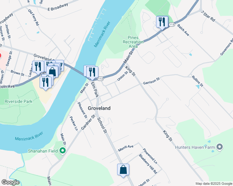map of restaurants, bars, coffee shops, grocery stores, and more near 26 Chestnut Street in Groveland