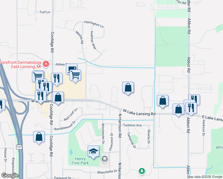 map of restaurants, bars, coffee shops, grocery stores, and more near 2430 Burnt Tree Lane in East Lansing
