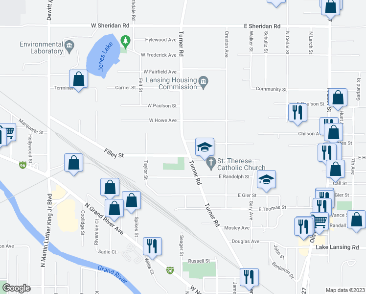 map of restaurants, bars, coffee shops, grocery stores, and more near 2715 Turner Road in Lansing
