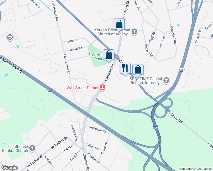 map of restaurants, bars, coffee shops, grocery stores, and more near 3157 Carman Road in Schenectady