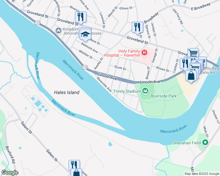 map of restaurants, bars, coffee shops, grocery stores, and more near 46 Riverside Avenue in Haverhill