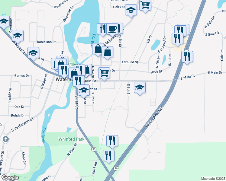 map of restaurants, bars, coffee shops, grocery stores, and more near 517 Elizabeth Street in Waterford