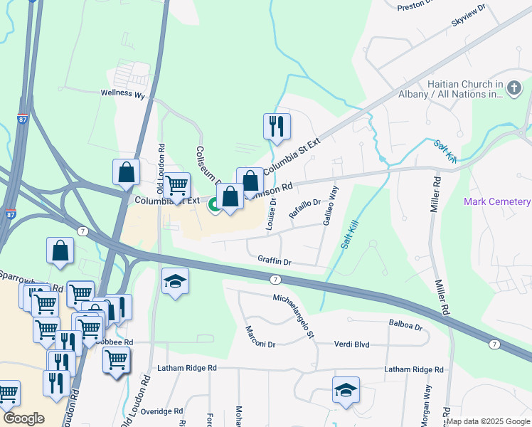 map of restaurants, bars, coffee shops, grocery stores, and more near 5 Louise Drive in Latham