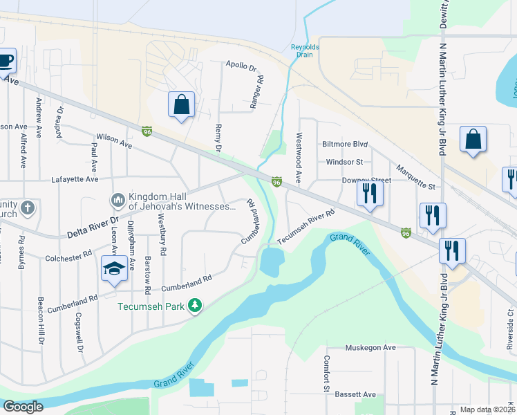 map of restaurants, bars, coffee shops, grocery stores, and more near 1945 Cumberland Road in Lansing
